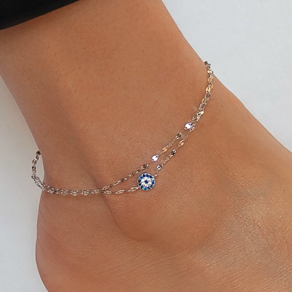 NEW! Real Sterling Silver Evil Eye Double Layer Ankle Bracelet Stamped 925 - Picture 1 of 3